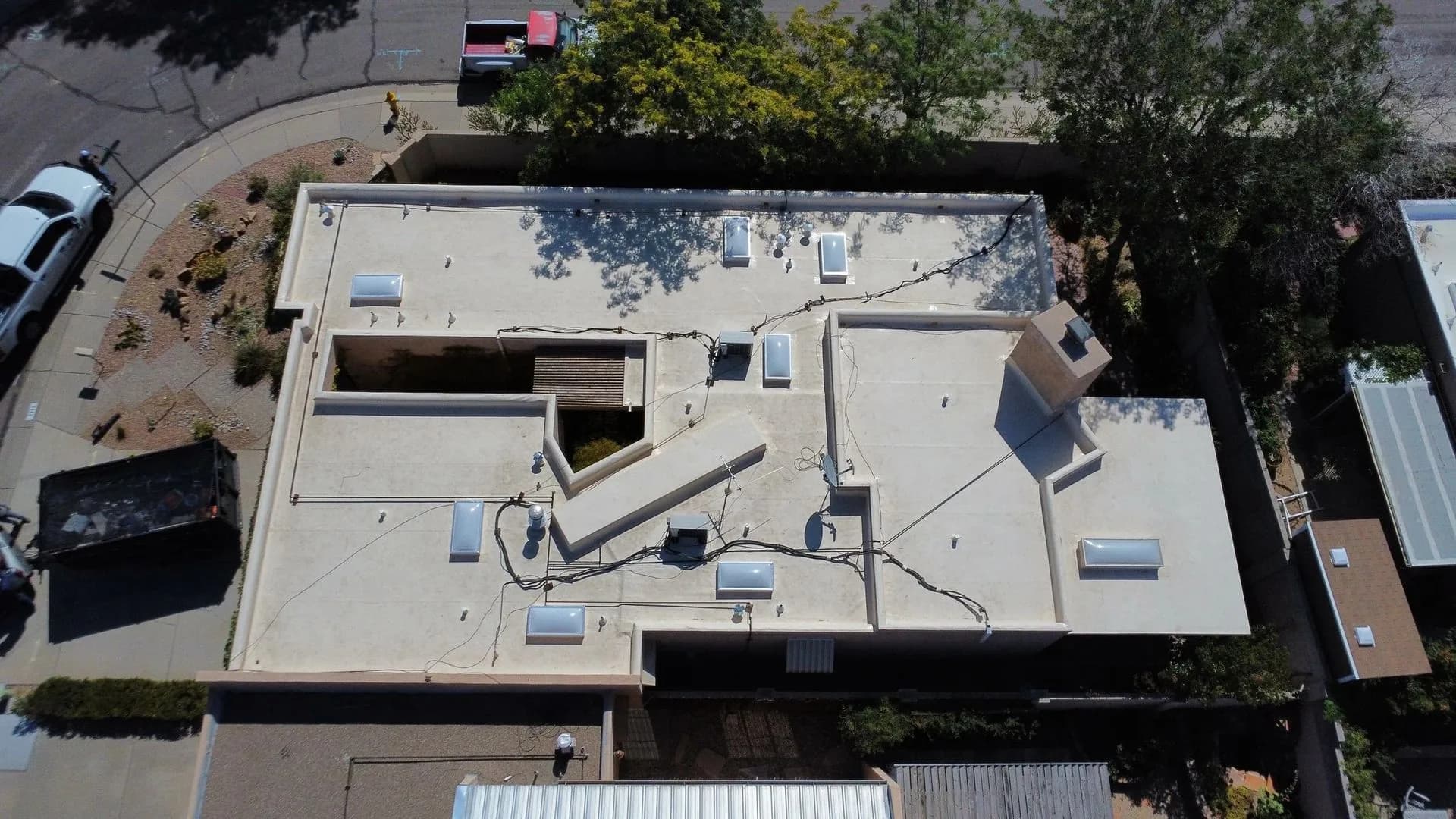 Completed flat roof coating, aerial view