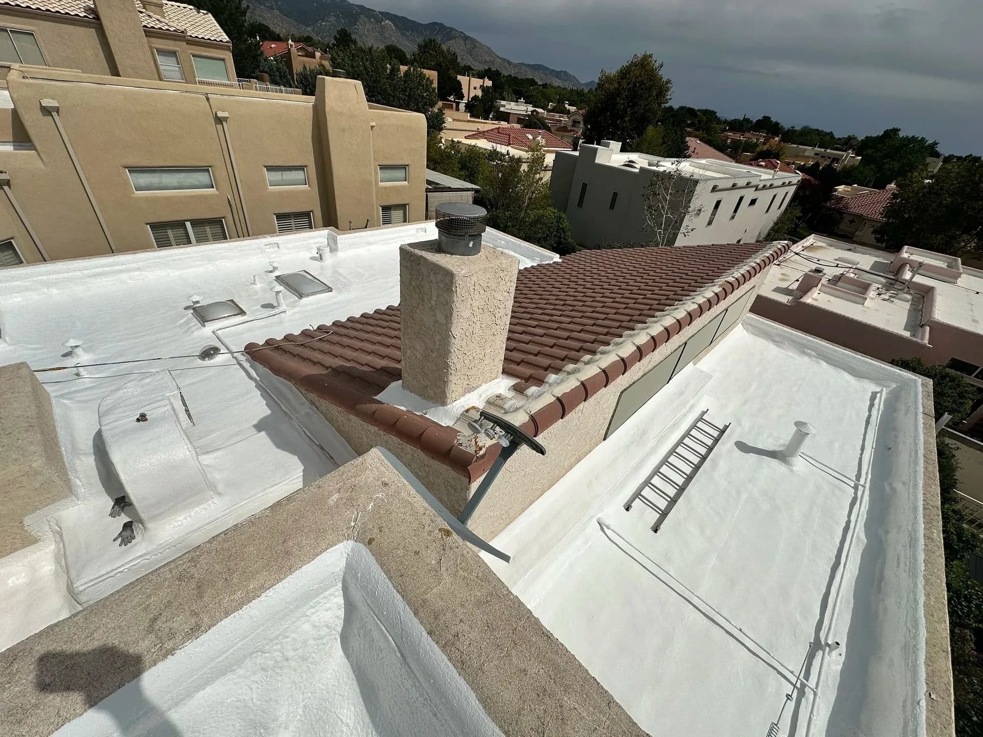 TPO membrane roof next to a tile roof, aerial view
